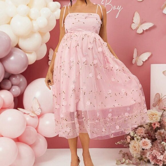 Pink Boho Women's Pregnant Bow Shoulder Strap Elegant Long Dress - Picture 5 of 6